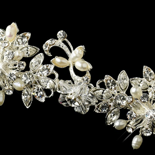 Silver Clear Rhinestone, Swarovski Crystal & Freshwater Pearl Tiara Headpiece 1816