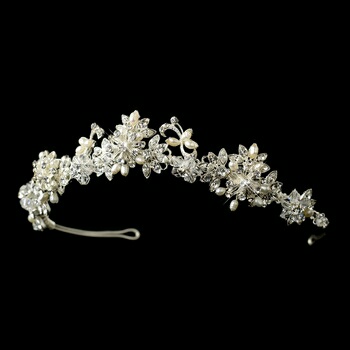 Silver Clear Rhinestone, Swarovski Crystal & Freshwater Pearl Tiara Headpiece 1816