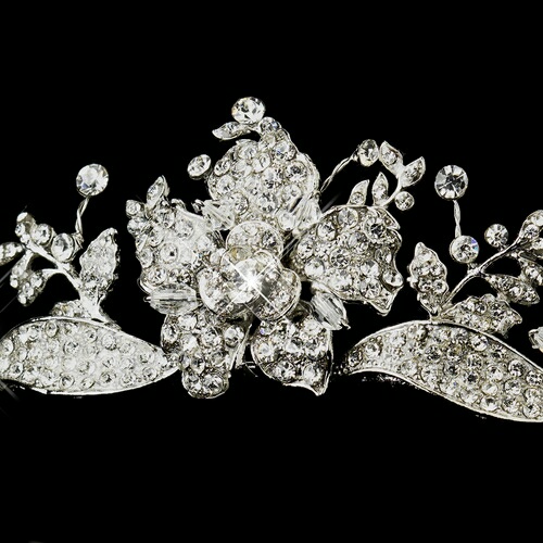 Antique Silver Clear Rhinestone Rose Tiara Headpiece 859