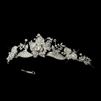 Antique Silver Clear Rhinestone Rose Tiara Headpiece 859