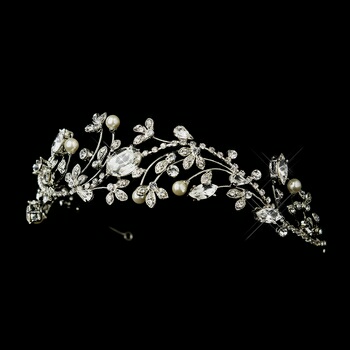 Antique Silver Diamond White Pearl & Marquise Crystal Side Accented Tiara Headband 9970