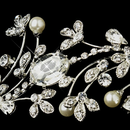 Antique Silver Diamond White Pearl & Marquise Crystal Side Accented Tiara Headband 9970